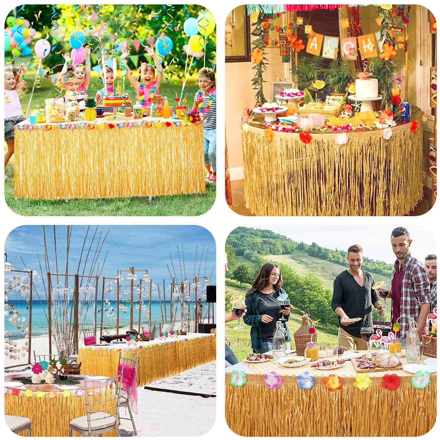 2 Stück Hawaii Tischröcke, Hawaii Party Dekoration mit Mehrfarbe Blumen, 275 x 60cm, Gold