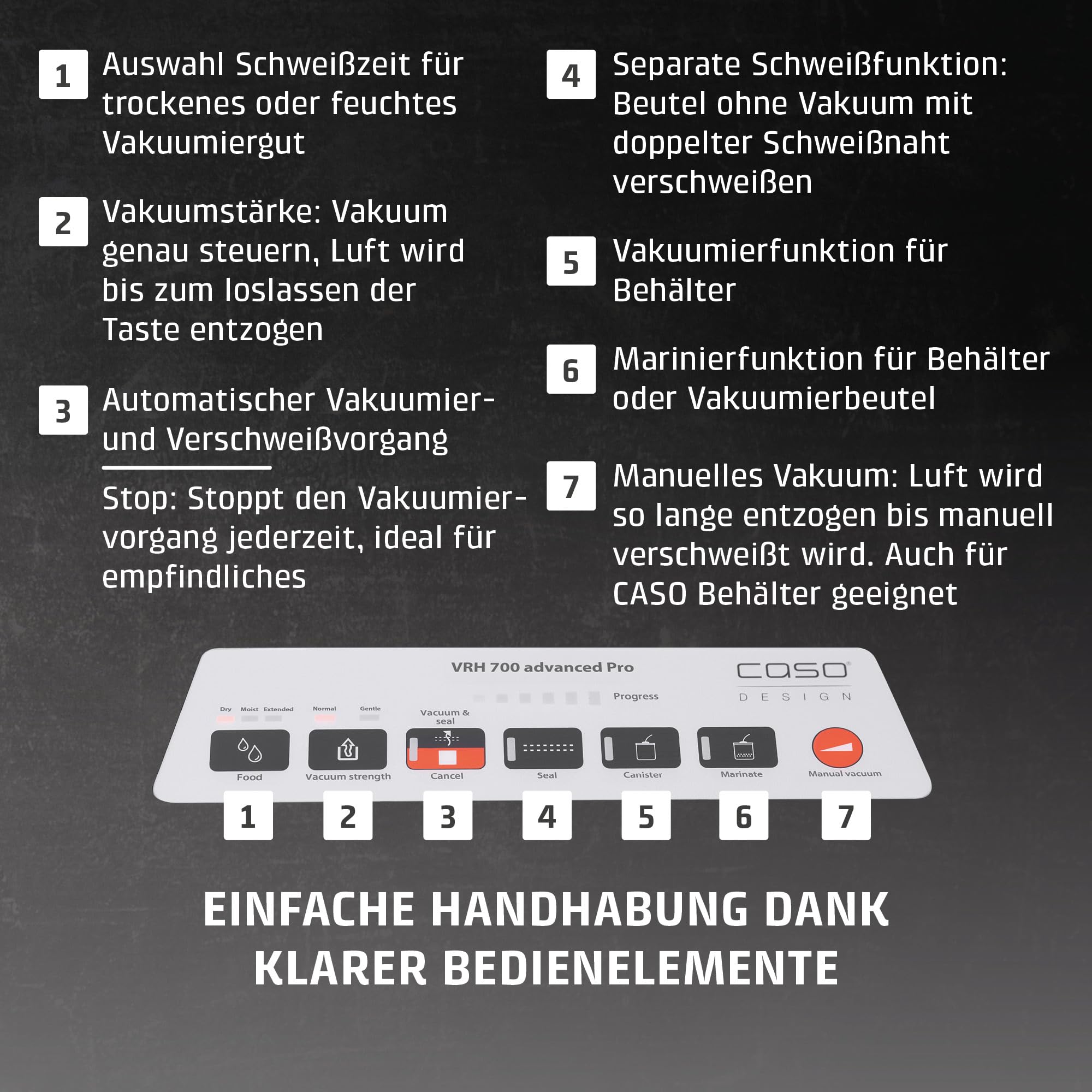 CASO VRH 700 advanced Pro Vakuumierer Testsieger, 150 Vakuumiervorgänge nonstop, doppelte Schweißnaht, 20 Liter/Min, Cutter, inkl. 2 Profi- Folien, inkl. 2 VacuBoxxen, inkl. 2 Aromaverschlüssen