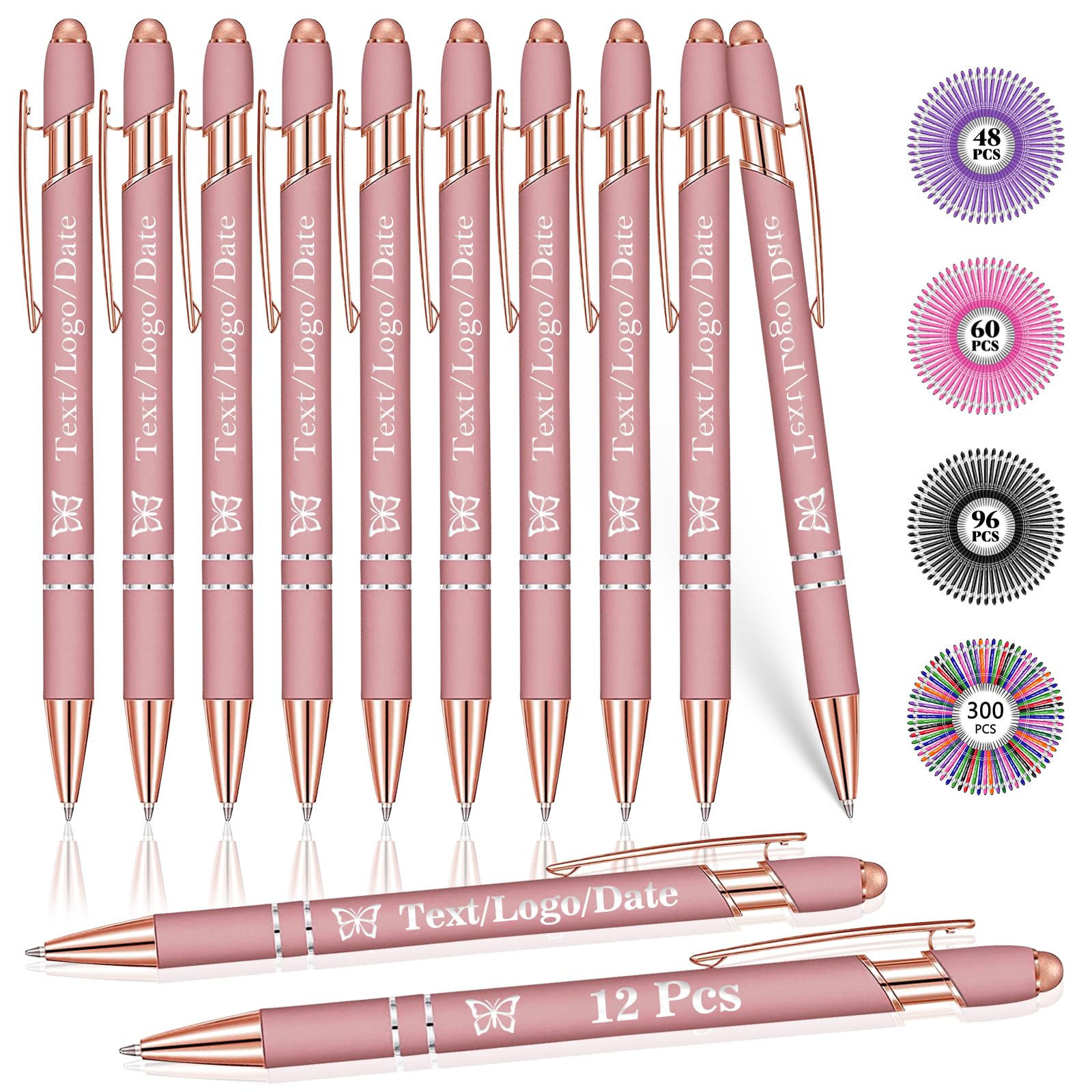 YoLLiEE 12 Pcs Personalized Pens with Name Bulk Custom Black Ink Pens with Stylus Customized Engraved Ballpoint Pens with Logo Business Smooth Writing