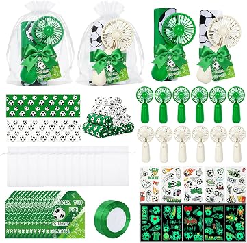 12 Set Soccer Mini Handheld Fans Cooling Set 40 x 12 Inches Soccer Ice Cooling Towel Quick Drying Small Personal Fans Cards Drawstring Bags Ribbon for Sport Party Favors Team Gift