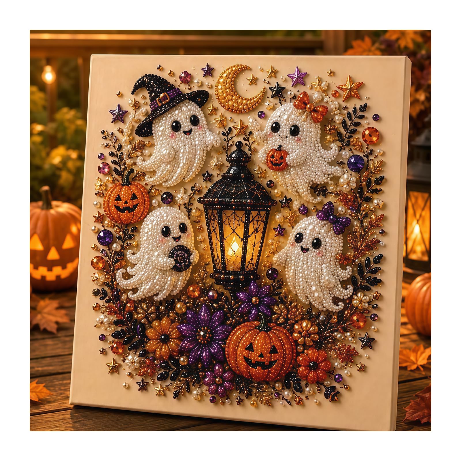 zoocco Halloween Ghost Pearl Art DIY Kit, 3D Pearl Diamond Painting Craft for Adults, Cute Fall Decor Wall Art, Beginner Craft Kit with Beads & Tools (#D)