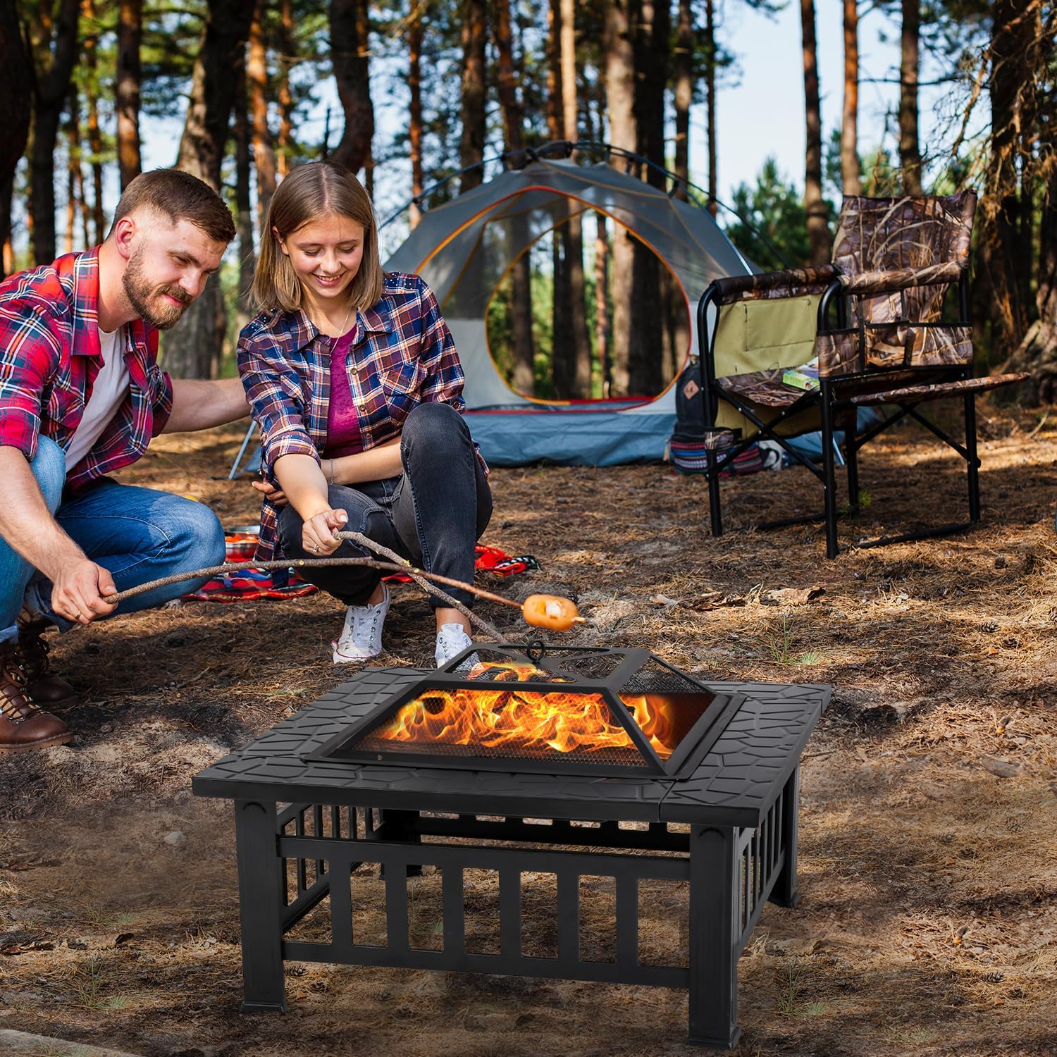 FDW Multifunctional Outdoor Fire Pit 32 Inch Table Metal Firepit Stove Backyard with Waterproof Cover for Patio Garden Fireplace, Camping, Outdoor Heating, Bonfire and Picnic