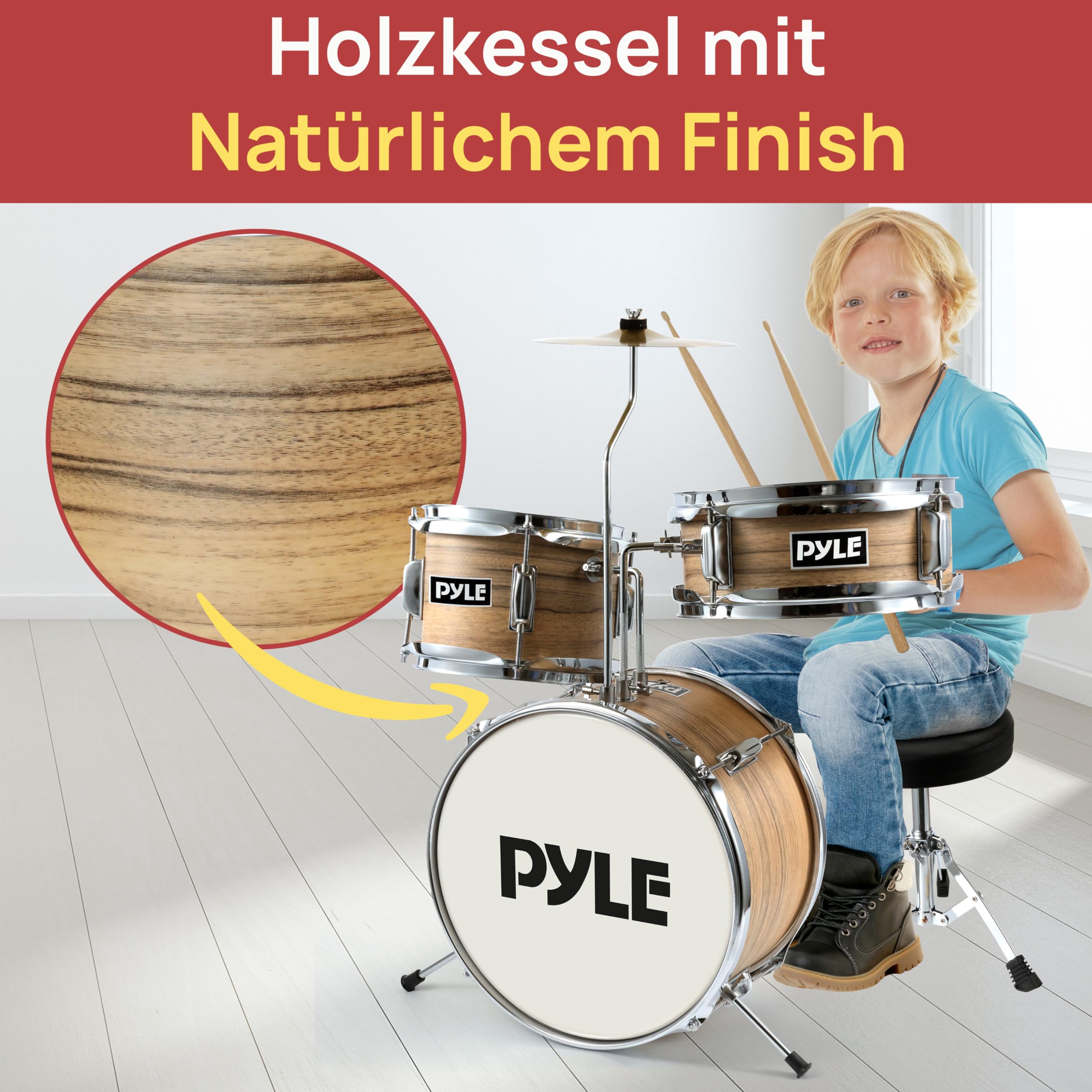 Pyle Kinder Schlagzeug Set – 5-teiliges Drum Kit mit Hocker & Basspedal | Für Kinder 3–12 Jahre, inkl. Bass Drum, Snare Drum, Drumsticks, Dämpfer & Zubehör – Einsteiger Percussion Set