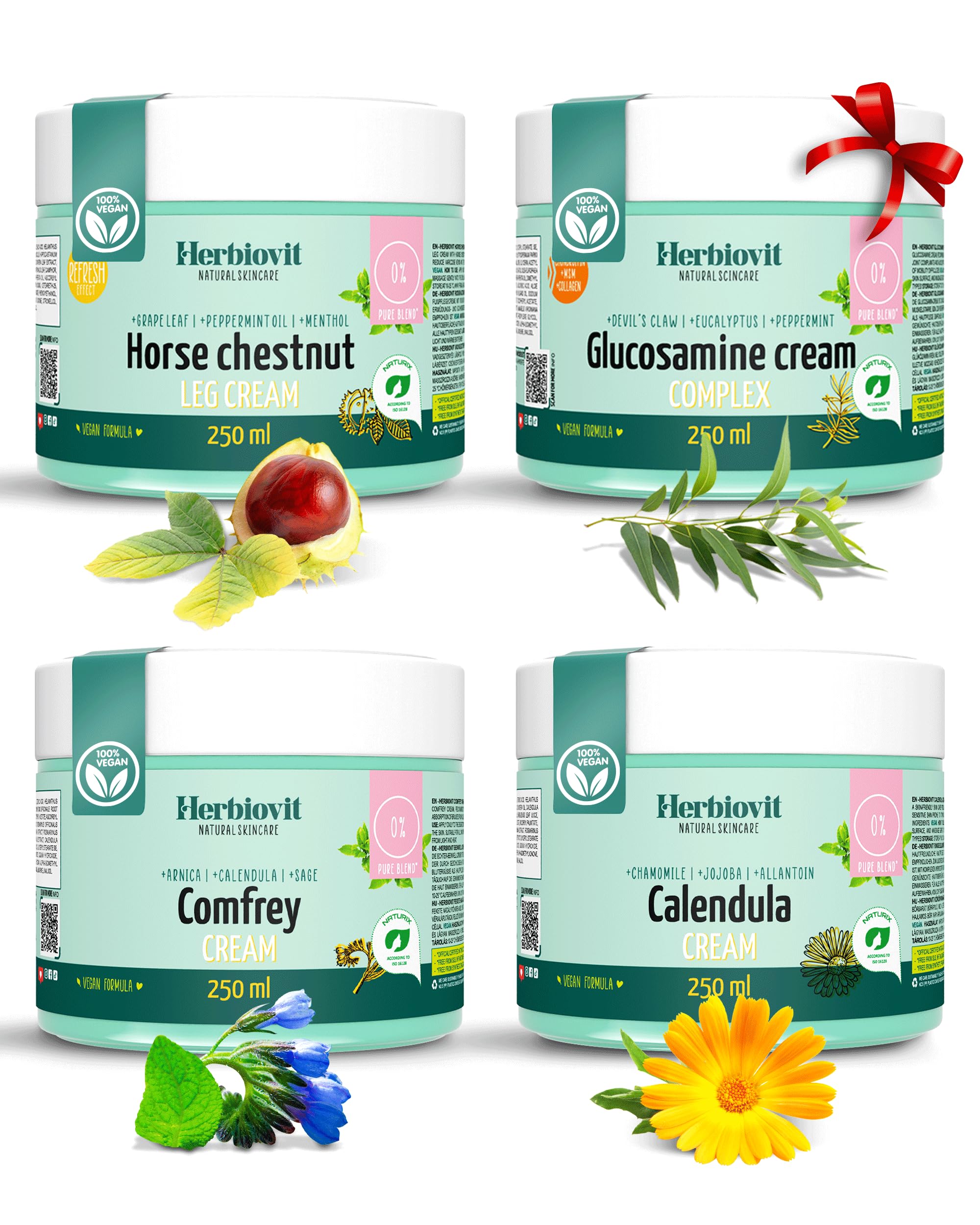 Herbiovit Natural Cosmetics Care Package Gift Box - for Body and Soul - with Horse Chestnut Vine Leaves Cream - Comfrey Ointment - Marigold Ointment - Glucosamine Complex - Aloe Vera Based
