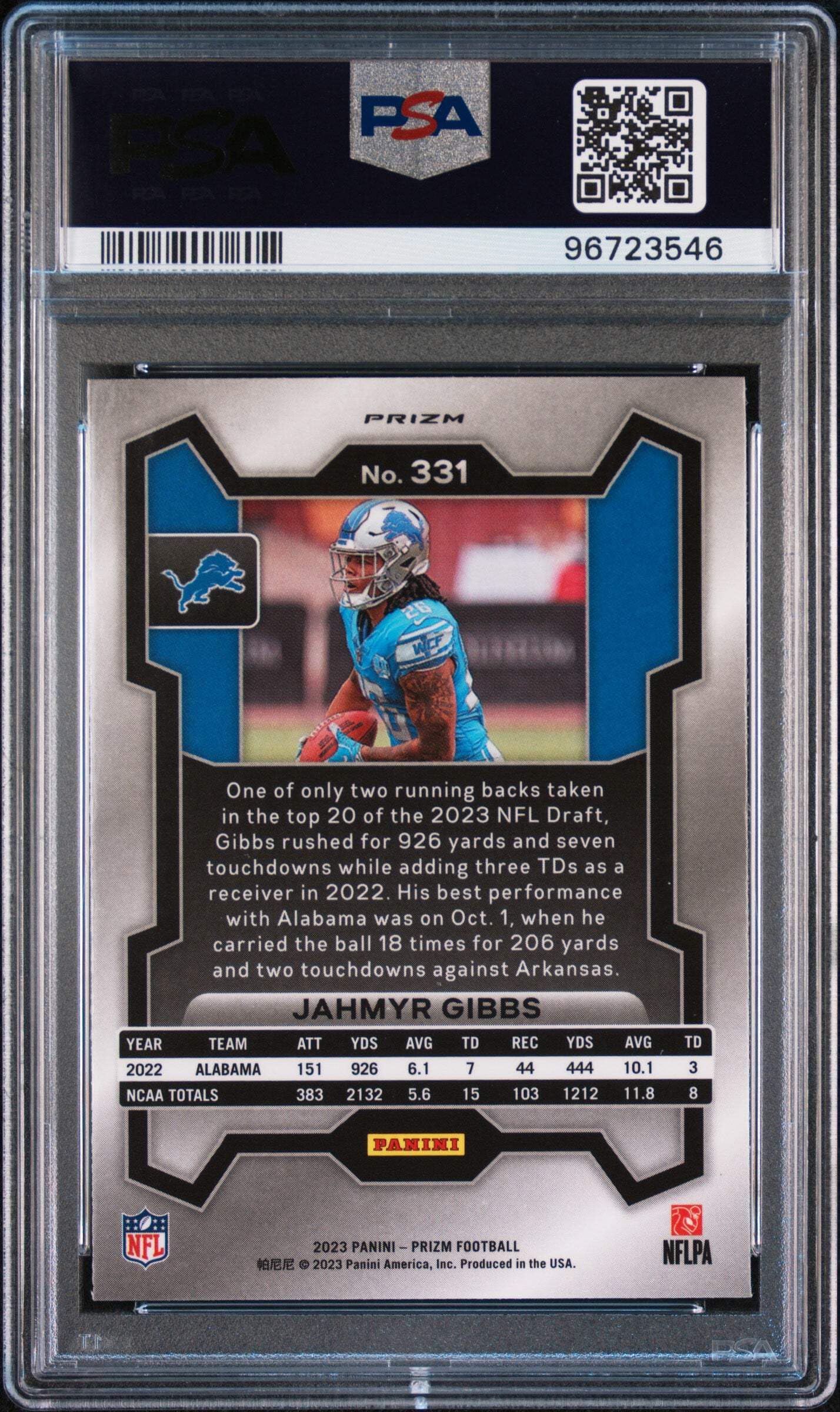Graded 2023 Panini Prizm Jahmyr Gibbs #331 Green Prizm Rookie RC Football Card PSA 10 Gem Mint