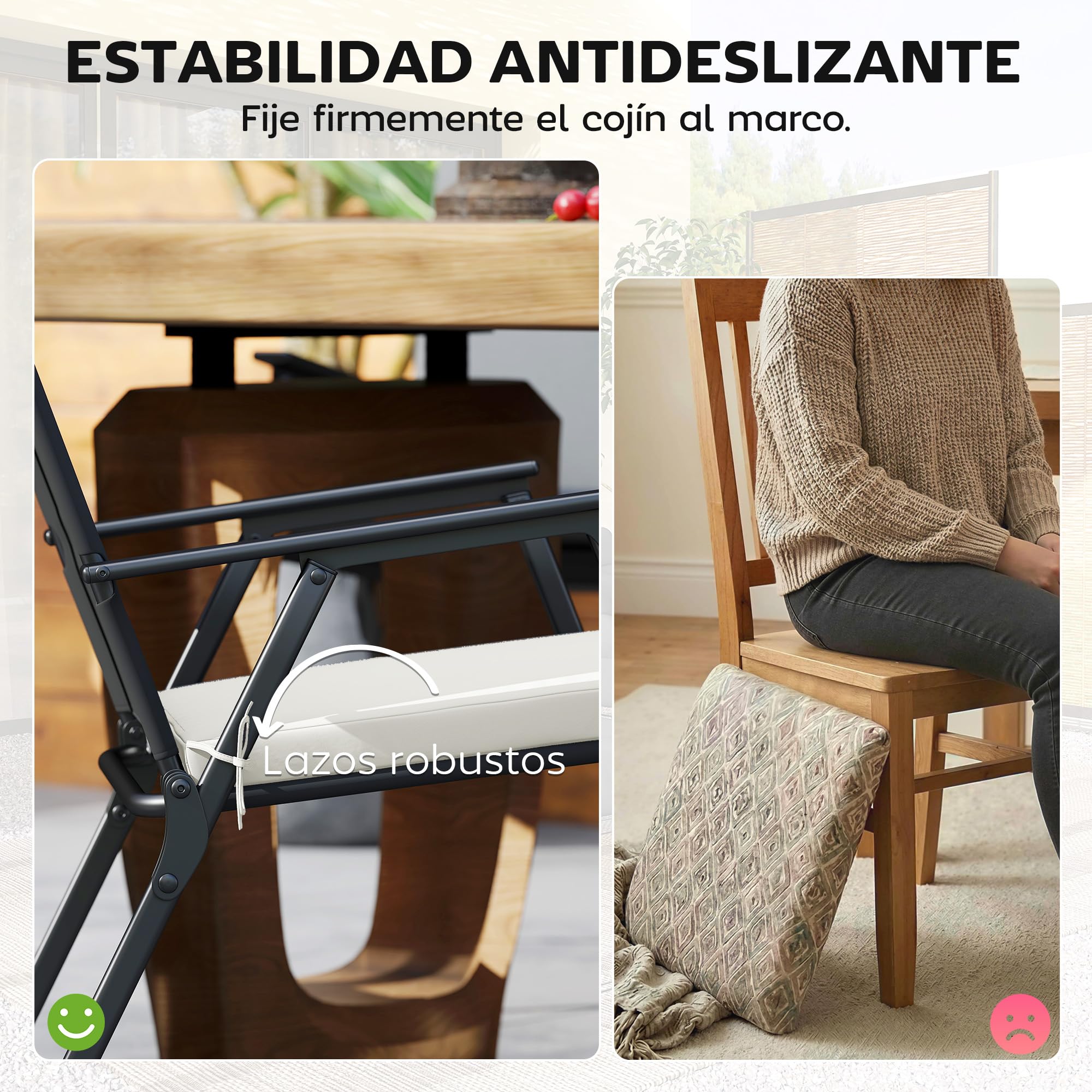 Outsunny Juego de Cojines para Sillas de Comedor, 46x42x7 cm, 6 Piezas, Cojines para Sillas de Jardín con Funda Lavable y Lazos, Impermeable y Anti-UV, Crema