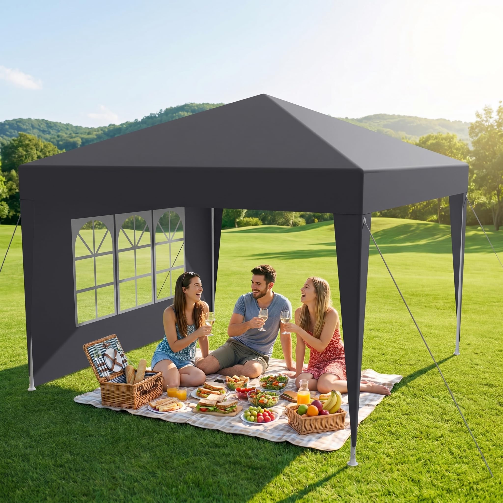 Pavillon 3x6m Wasserdicht Stabil Winterfest, Faltpavillon mit Abnehmbaren Seitenteilen, UV Schutz & Windschutz, Gartenpavillon Partyzelt für Markt, Festival, Camping, Hochzeit, Anthrazit