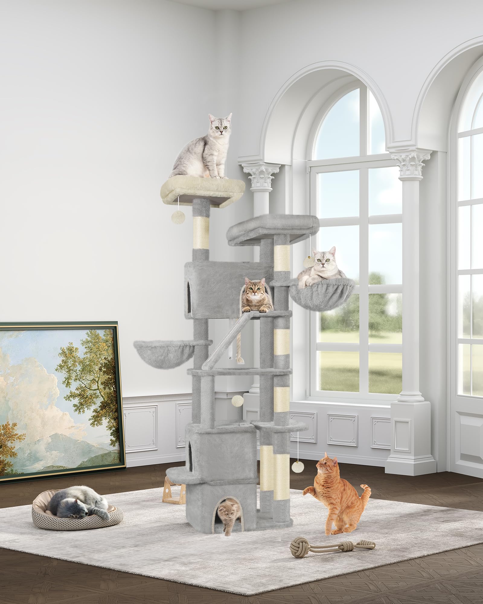 Hzuaneri Rascador grande, 185 cm, estable con 6 columnas para rascar, 3 cuevas, 2 plataformas de observación, 2 cestas, 4 bolas de peluche, árbol rascador para gatos de varios niveles, gris claro