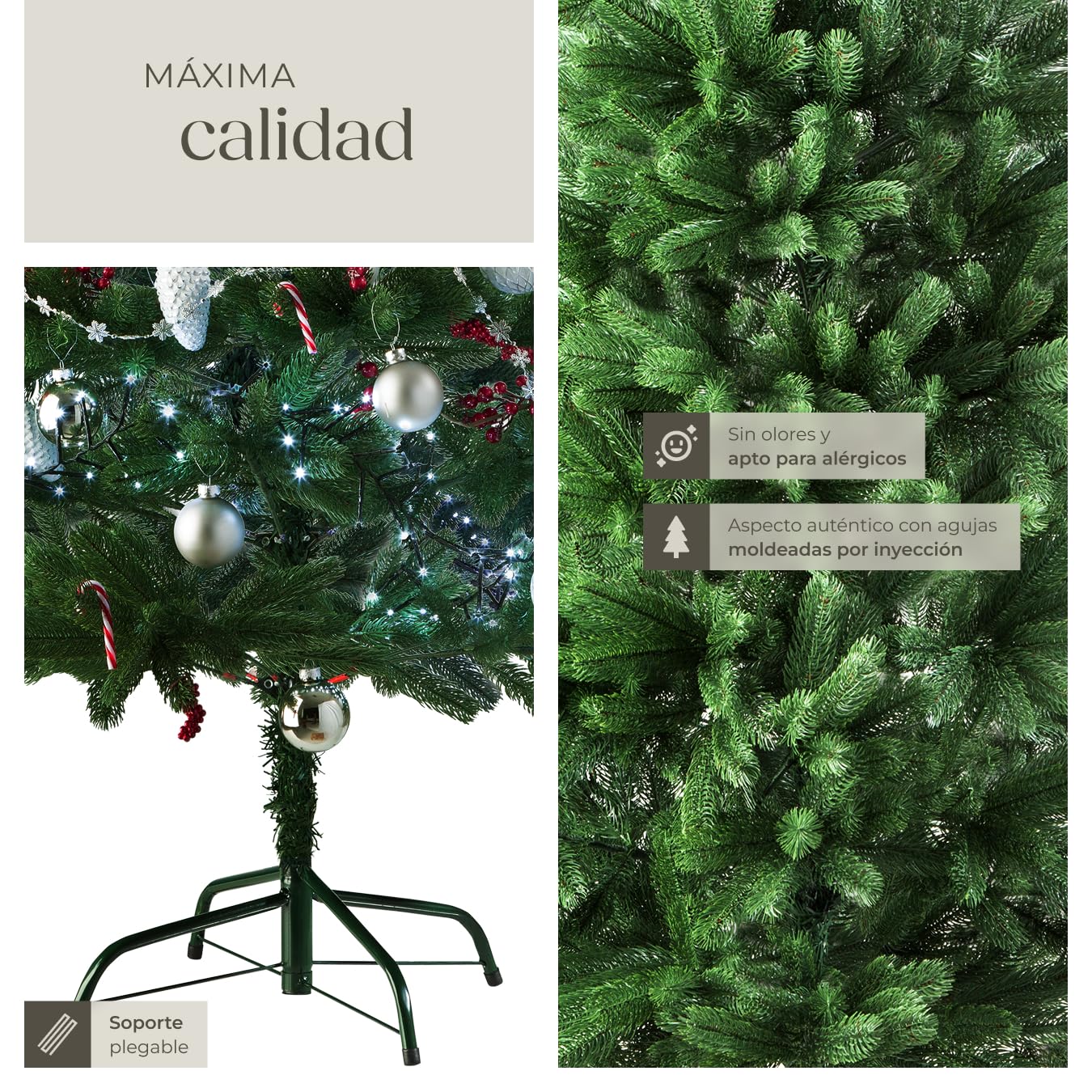 tectake® Árbol de Navidad Artificial con Soporte Metálico Plegable y Topes, Abeto Navidad con Ramas Flexibles para Adornos Navidad, Frondoso, Fácil Montaje y Almacenamiento, 180cm. y 742 Ramas, Verde