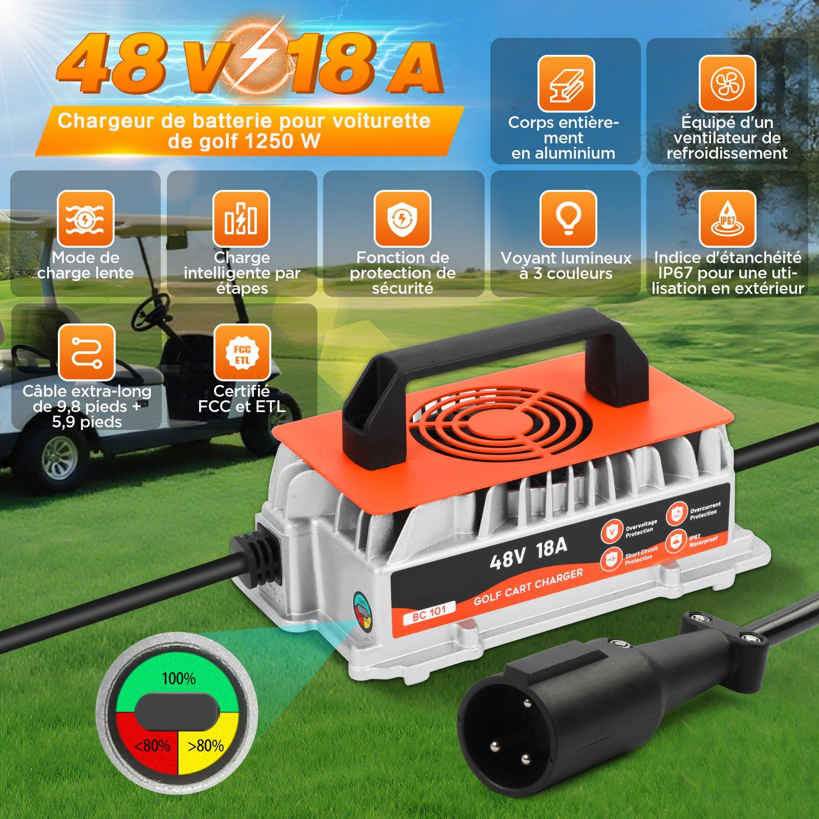 Chargeur de Voiturette de Golf 48V 18 A, pour Voiturettes de Golf Club Car, Chargeur Intelligent pour Batterie au Plomb 48V avec Fonction de Charge Lente, étanche IP67