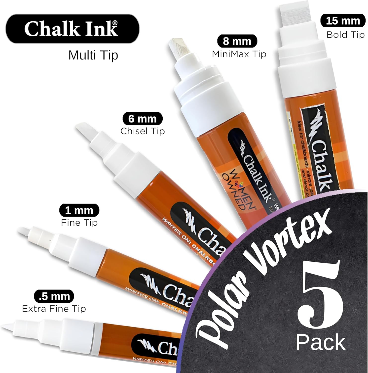 Chalk Ink White Chalkboard Markers - Professional Liquid Chalk Markers - Vibrant & Long Lasting Colors - Quick Dry & Easy to Clean (Polar Vortex, 5 Pack)