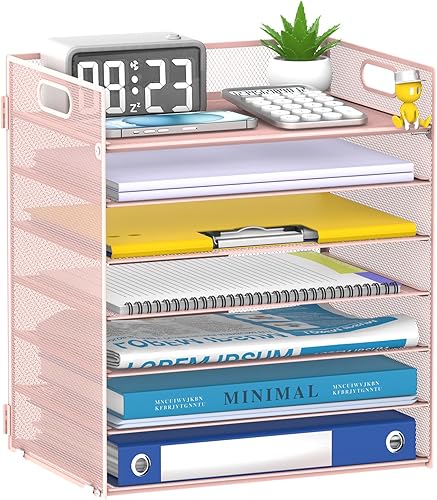 Vista 9 de Organizador de papel de 7 niveles para escritorio, bandeja de cartas con asa, organizador de archivos de escritorio de malla, organizadores
