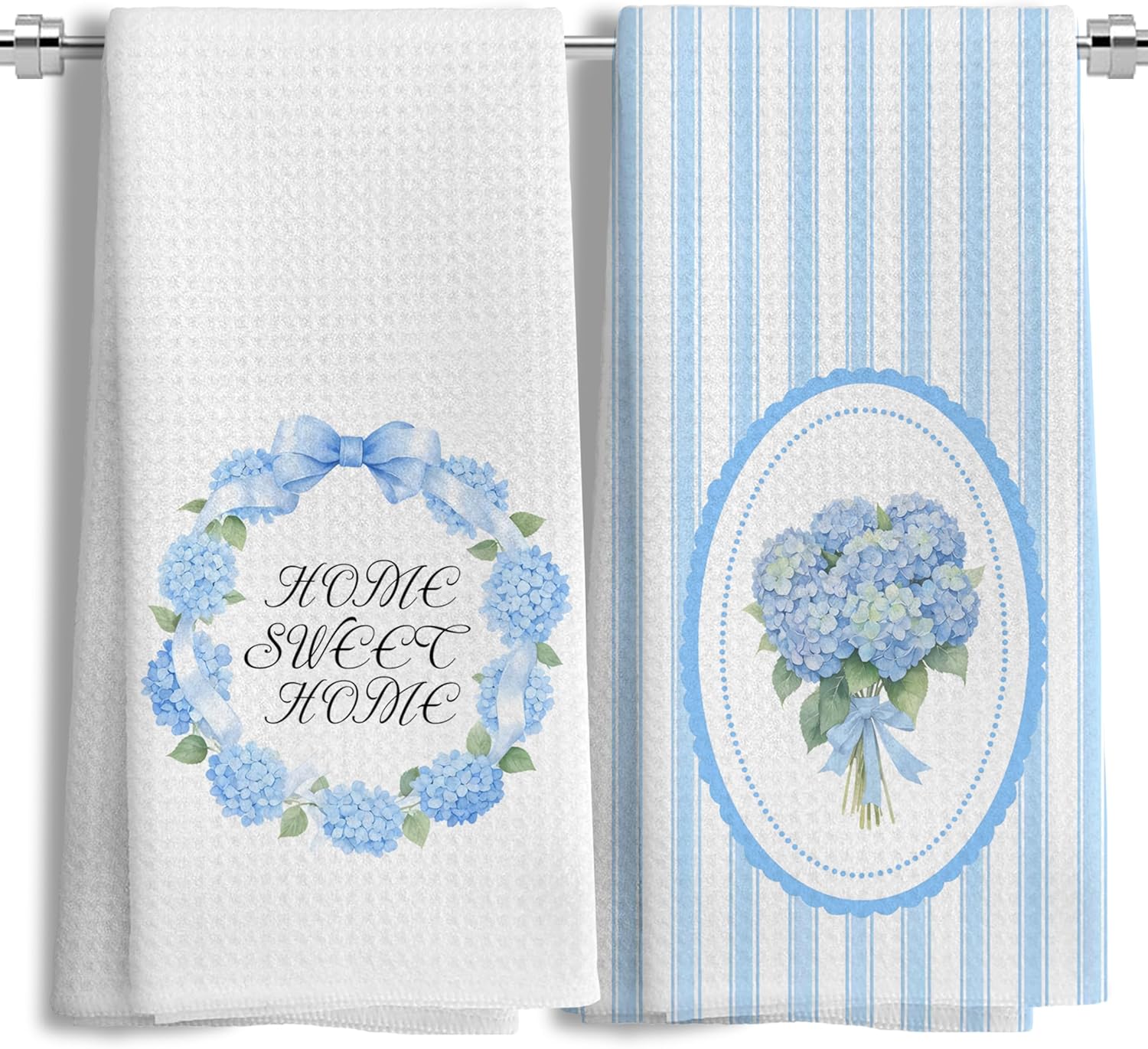 Home Sweet Home Blue Hydrangea Flower Floral Kitchen Towels, 24x16Inch, Blue and White-3, Polyester, 1 Count