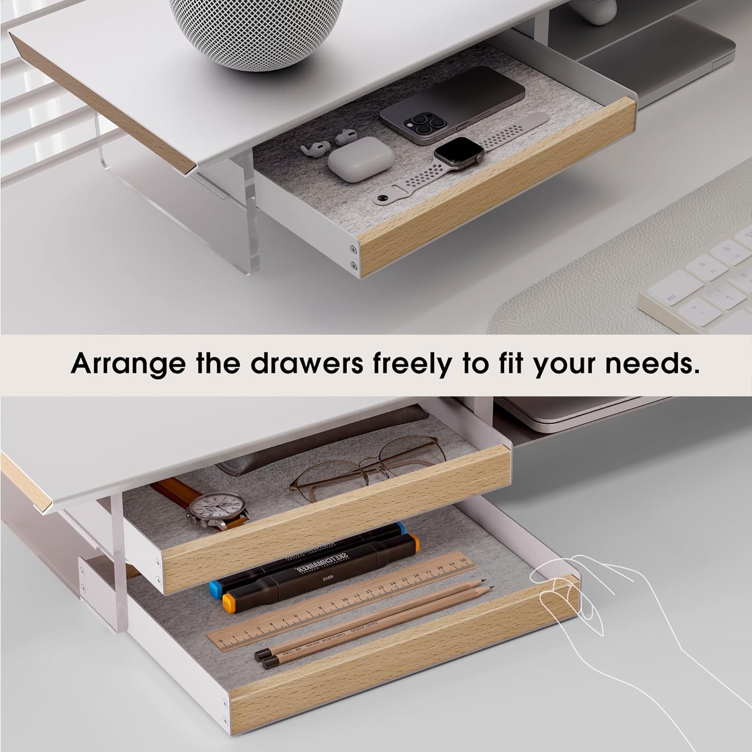 Fenge 42.5” Dual Monitor Stand with 2 Drawers, Metal Wood Monitor Riser with Acrylic Legs, 2-Tier Desktop Shelf Storage Organizer for Computer, Laptop, Printer, TV, White