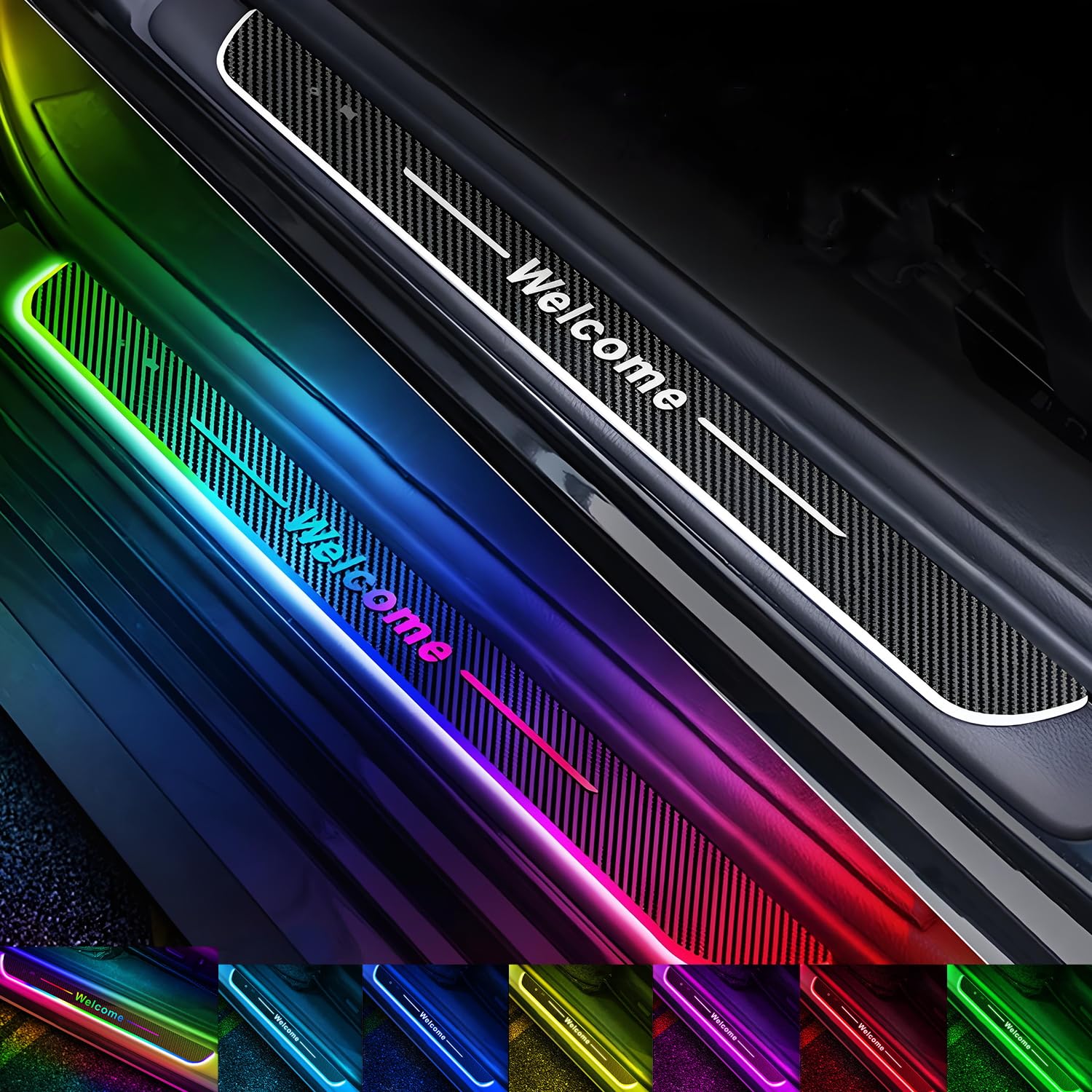 Led Door Sill Lights, Custom Logo Text, Wiring-Free Magnetic Led Door Sill Lights, 7 Colors/28 Modes, USB Charging, Auto-Sensing