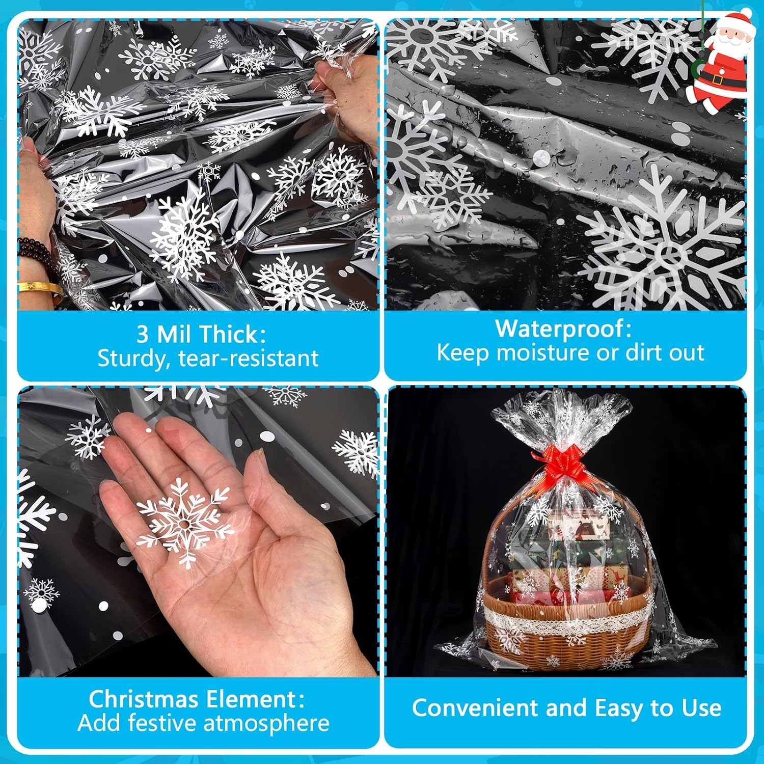GOMANCHE Snowflake-Printed Christmas Cellophane Wrap Bags - 24x30 Inch Large Clear Plastic Gift Baskets Bags with 10 Pull Bows | Holiday Decorative Packaging for Flower Baskets, Gifts & Party Favors - Image 5