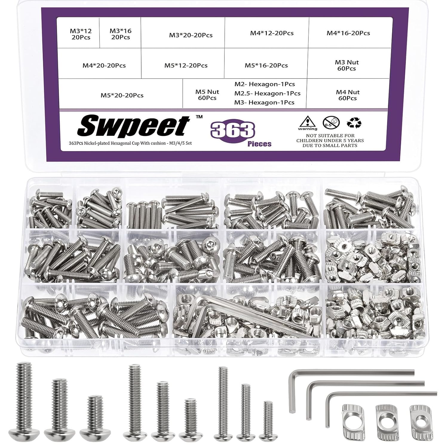 Swpeet 363Pcs M3 M4 M5 Nickel Plated T Nuts Screw with Hex Wrench Assortment Kit, T Slot Nut Hammer Head Fastener, Button Head Hex Socket Head Cap Bolts for 2020 Series Aluminum Profile Groove