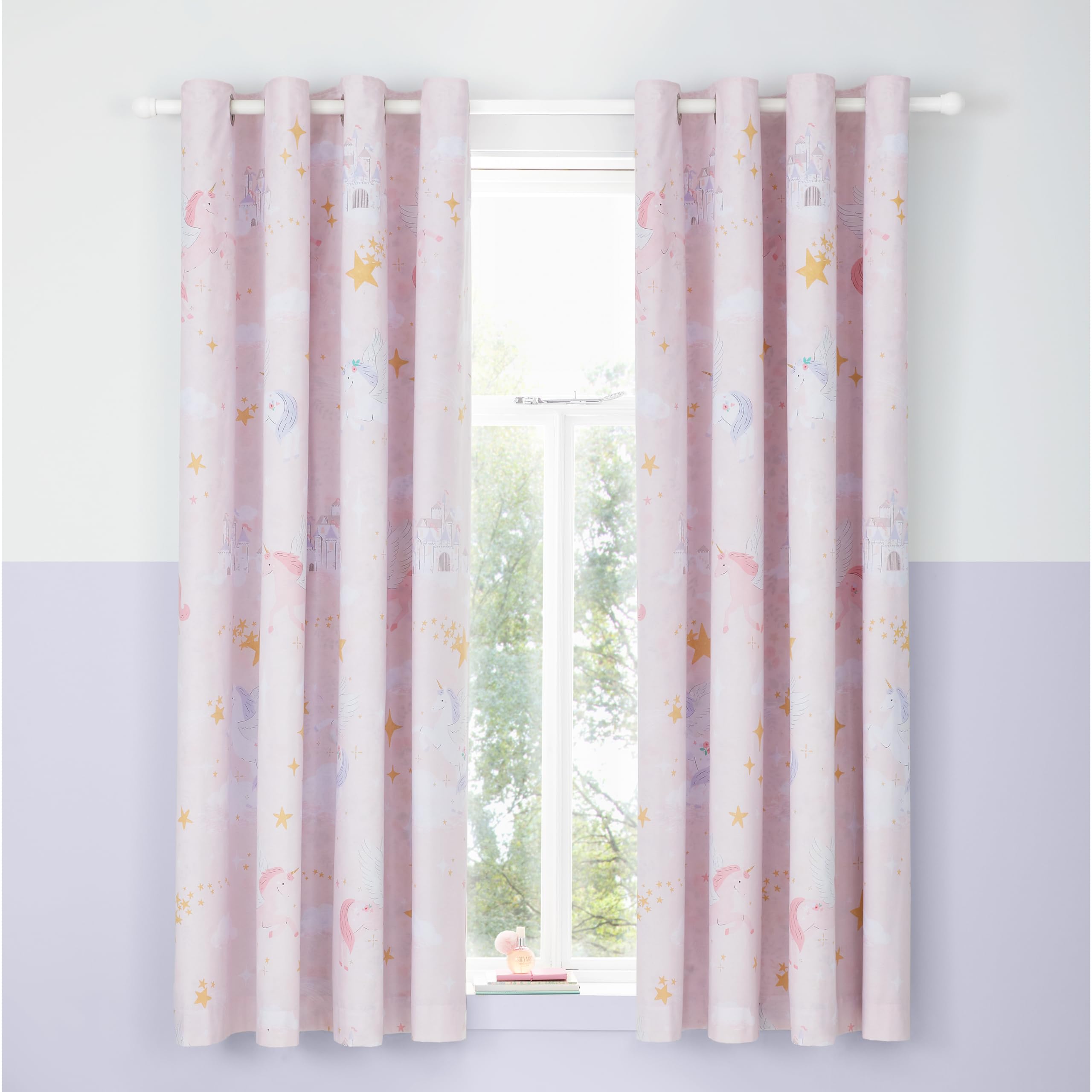 Julian Charles Pink Catherine Lansfield Fairytale Unicorn Reversible Eyelet Curtains - W 168Cm (66") X L 183Cm (72")