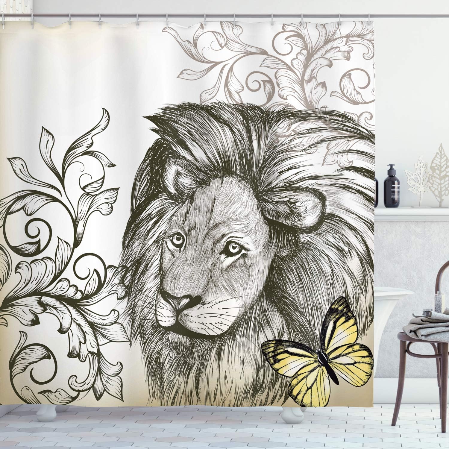 Ambesonne Savannah Shower Curtain, Lion Mane Butterfly Ornamental Vintage Art Wild Sketchy Style Design Print, Cloth Fabric Bathroom Decor Set with Hooks, 69" W x 70" L, Brown Sepia