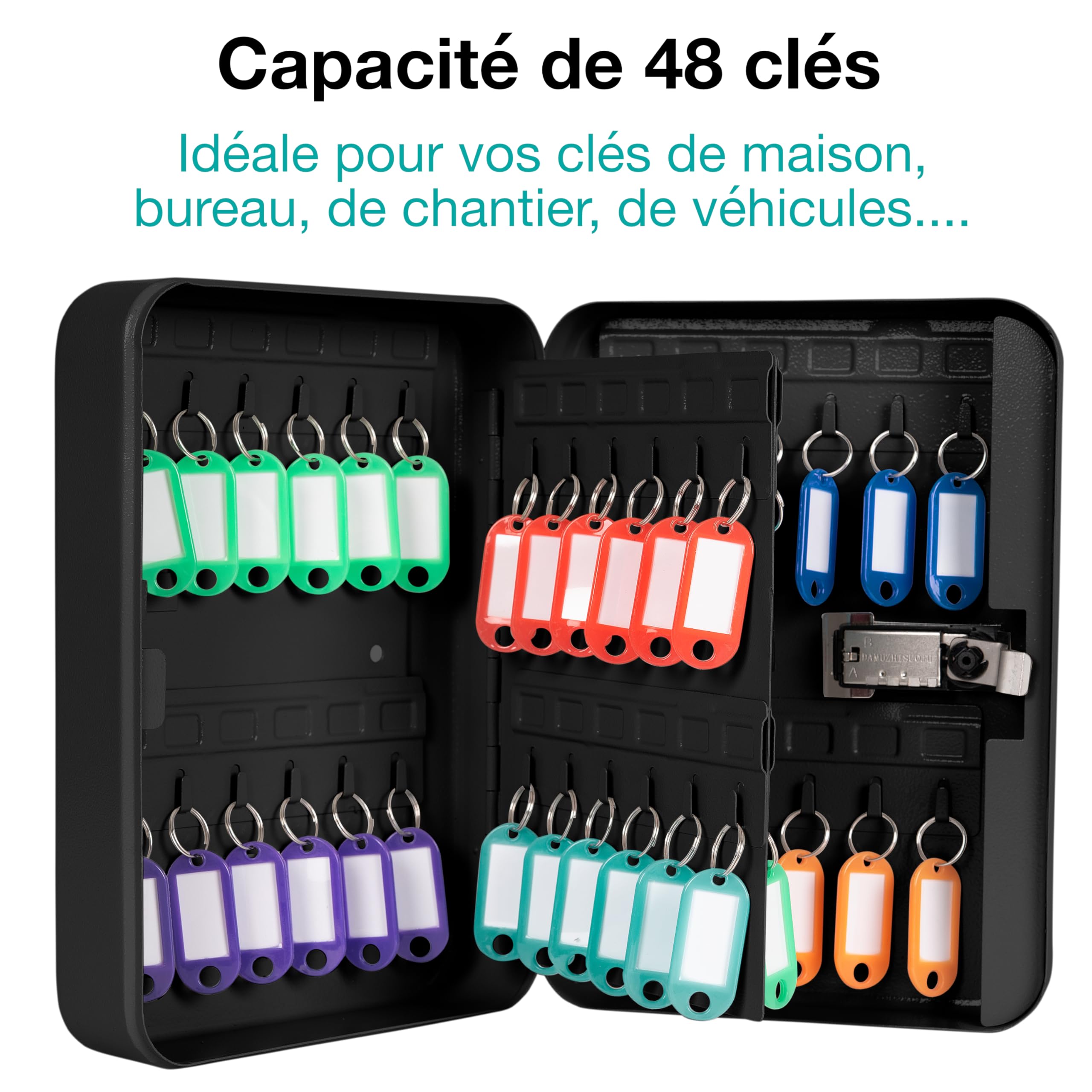 Boite à Clefs Murale avec Code - 48 Crochets - Armoire à Clés Sécurisée - pour Clés de Maison, Voiture - avec 48 Porte-Clés Étiquettes & Numéros Autocollants - en Métal - Noir - BKY481