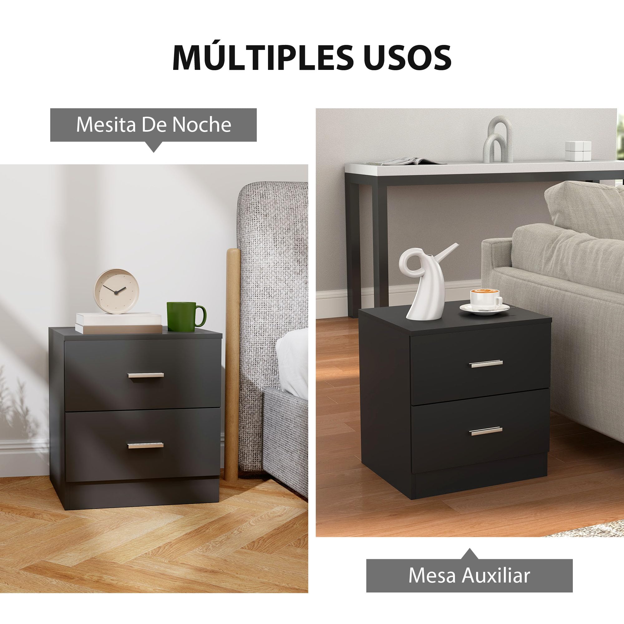HOMCOM Mesita de Noche Moderna, Mesilla de Noche Dormitorio con 2 Cajones, Mesita Auxiliar para Salón, Dormitorio, Vestuario, 45x39,5x49 cm, Negro