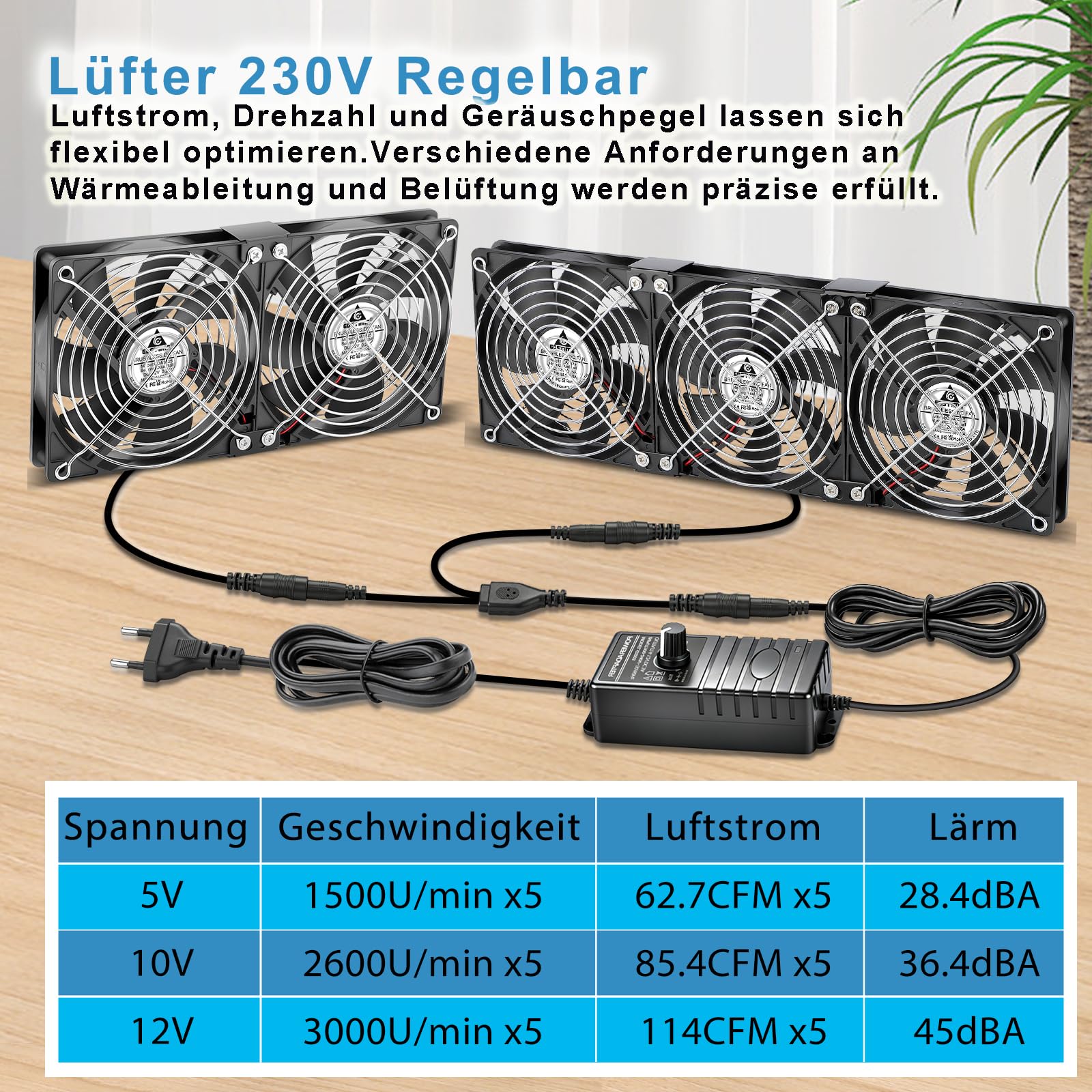 GDSTIME 5 ventole da 120 mm, 230 V, per PC, 220 V, 3000 giri/min, con spina di alimentazione, 4 V, 12 V, controllo della velocità, grande flusso d'aria per PC, raffreddamento