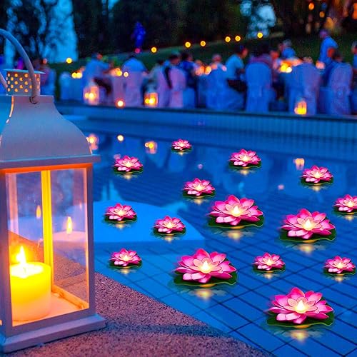 Liliful 24 Piezas Luces Flotantes de Decoración de Loto Diwali para Piscina, Flores Artificiales de Loto con LED, Almohadillas de Lirio Farol de
