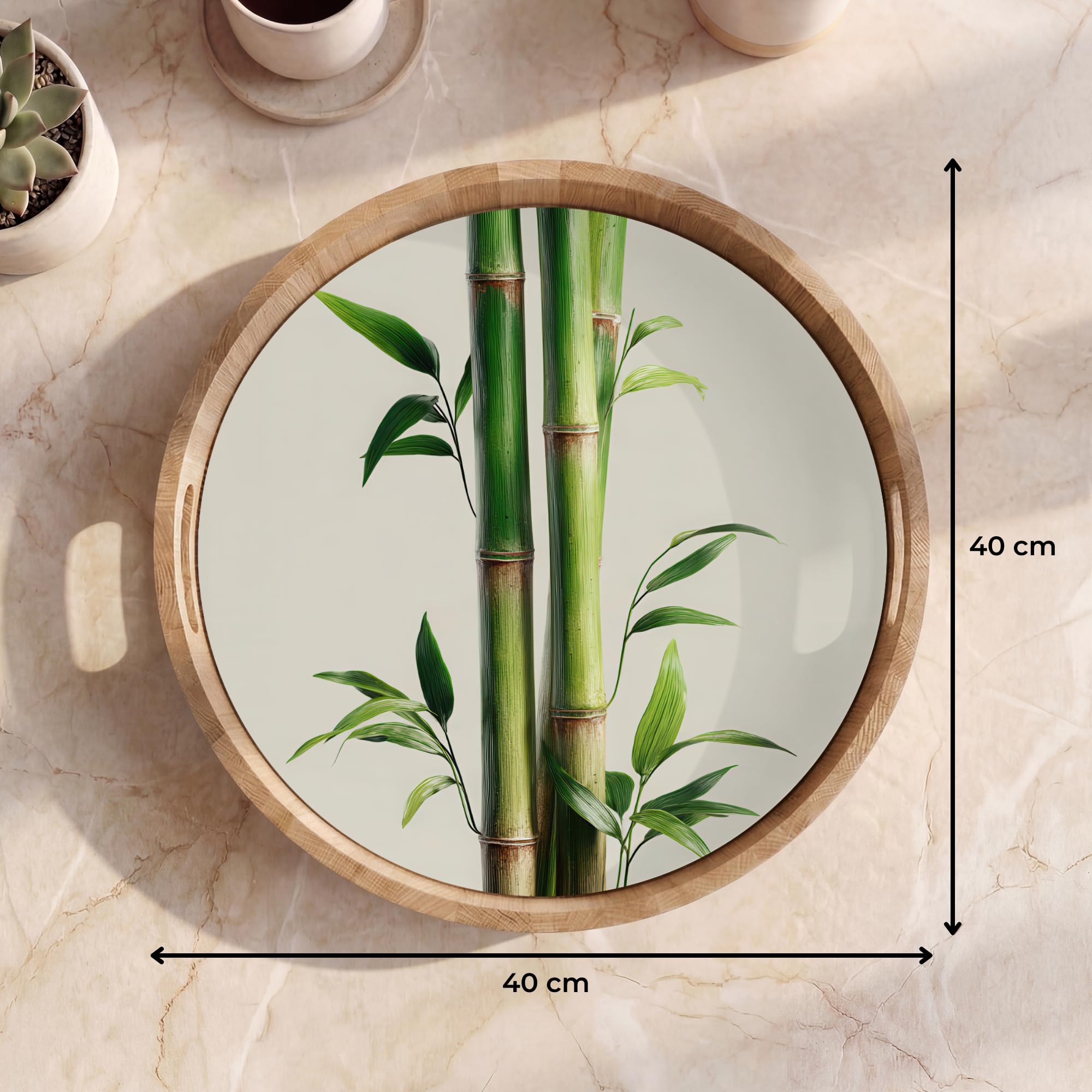 Bandeja Madera De Roble Redonda 40x40 cm Bandejas Desayuno para Servir Comida Cocina Resistente Al Calor Cafe Tray Tabuleiro Tallos bambú - Ornamental - Verde