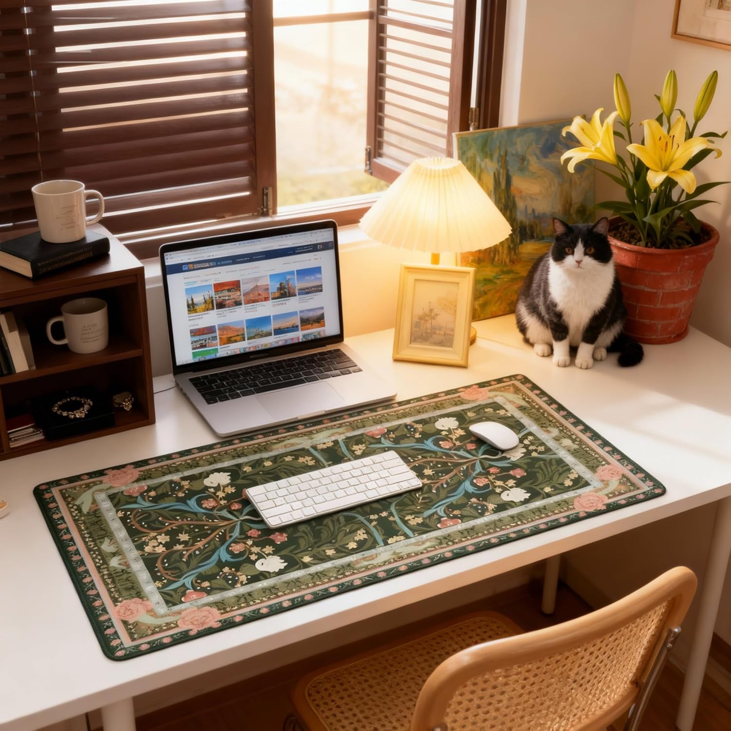 Floral XXL Desk Mat: Extra-Large Anti-Slip Mouse Pad with Stitched Edges for Office & Home, Cute Aesthetic Keyboard Mat and Desk Decor for Women. (Dark Green Floral)