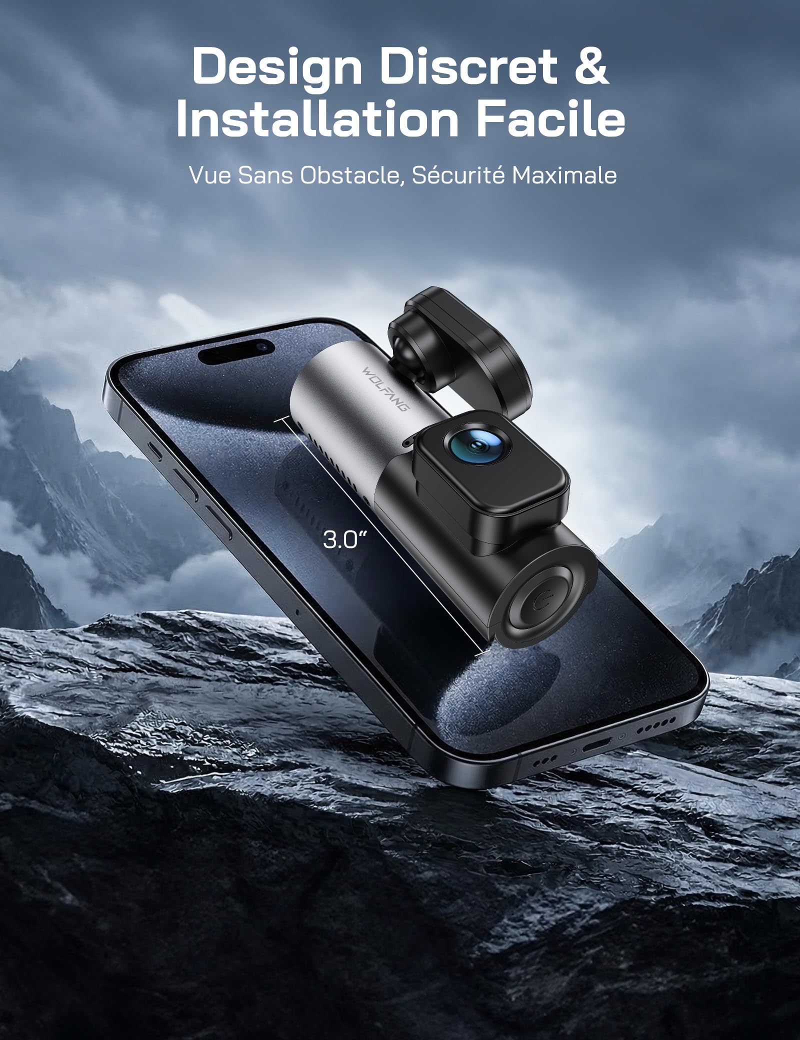 WOLFANG 2.5K Dashcam Voiture, 1440P WiFi Caméra Voiture avec App Contrôle, Mini Dash Cam Avant avec Grand Angle 170°, G-Capteur, Mode Stationnement 24H, Vision Nocturne, Enregistrement en Boucle