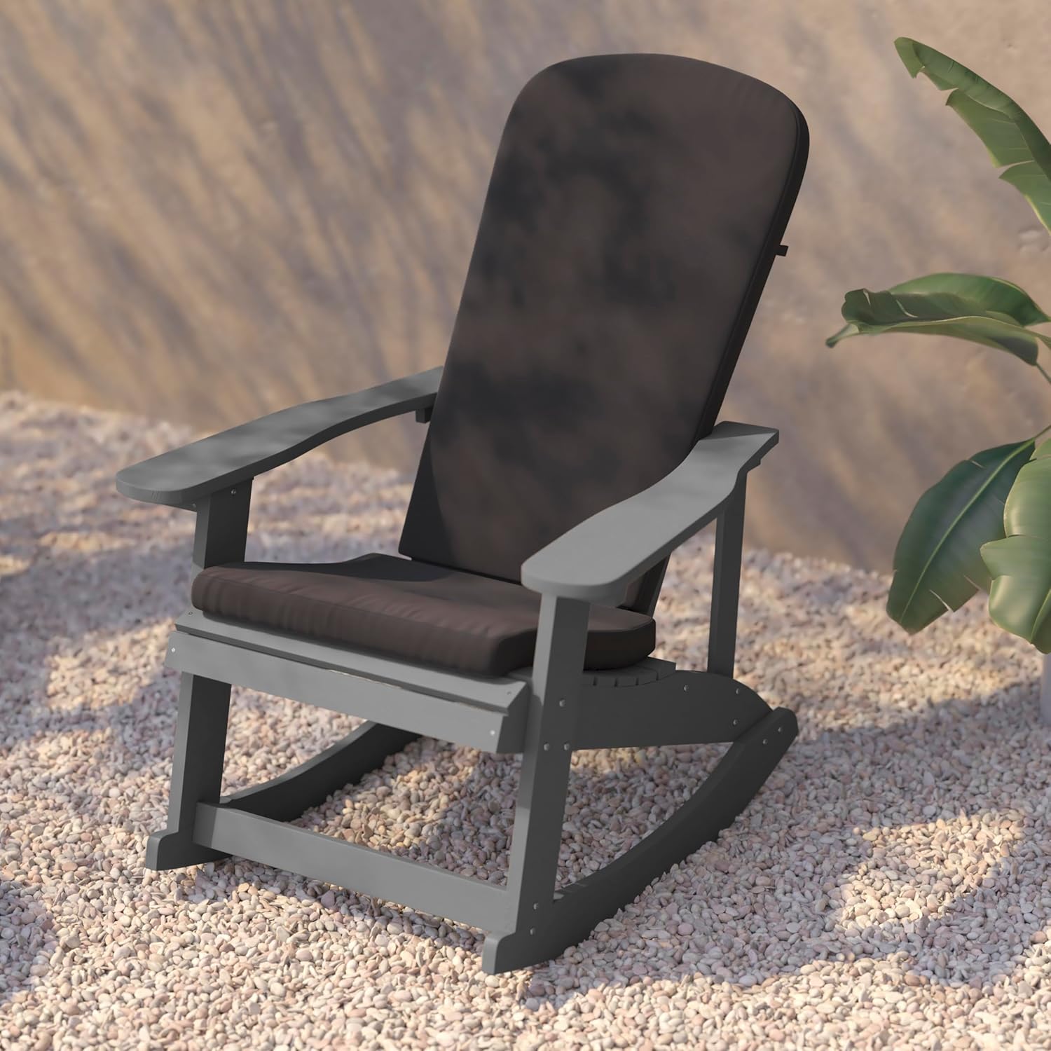 Flash Furniture Savannah Set of 2 Rocking Adirondack Chairs with Cushions - Gray Poly Resin Frame - Gray All-Weather Cushions - Indoor/Outdoor Use