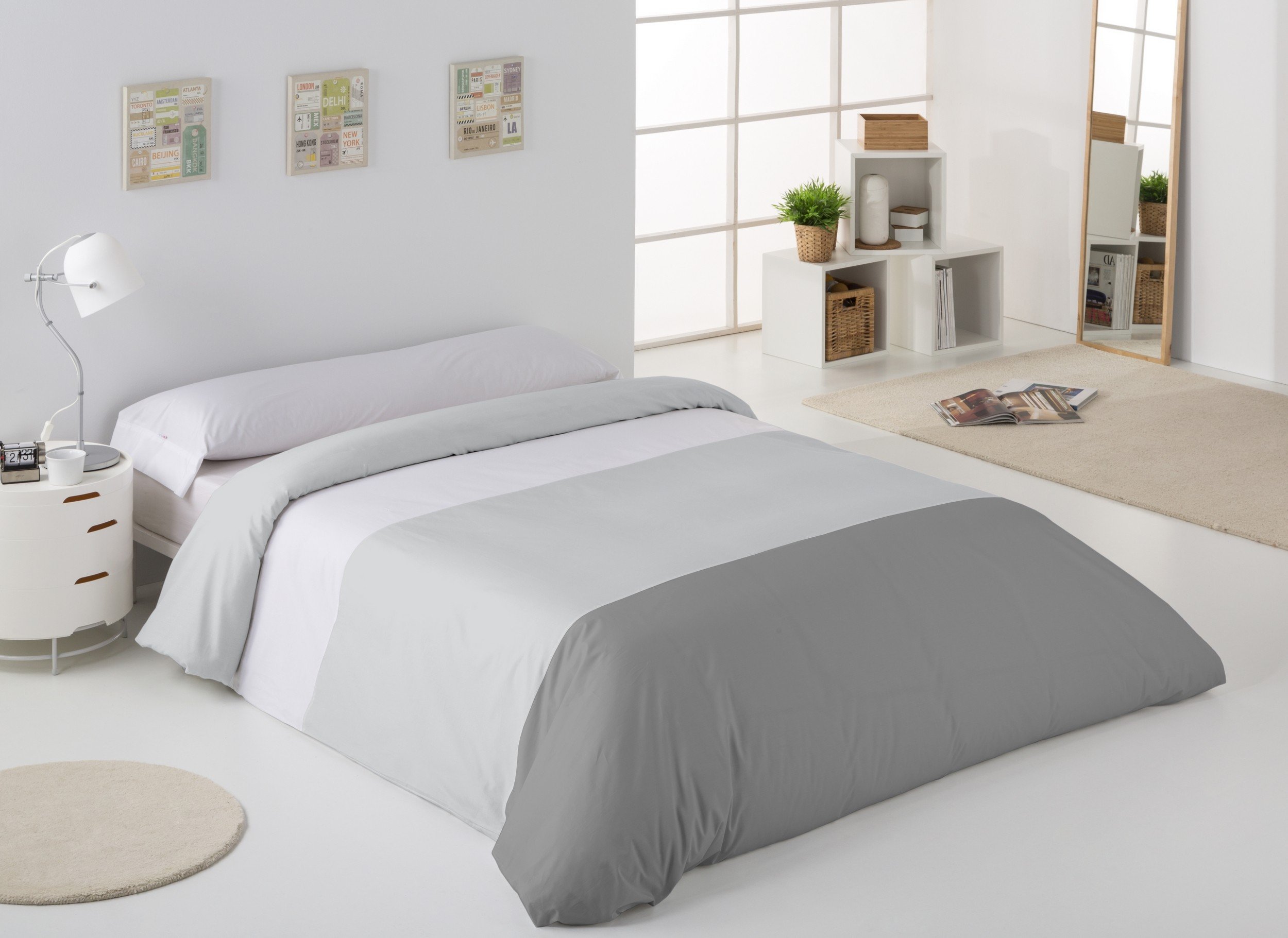 Dúo de funda nórdica tricolor - Blanco-Perla-Plomo - Cama de 150 cm.
