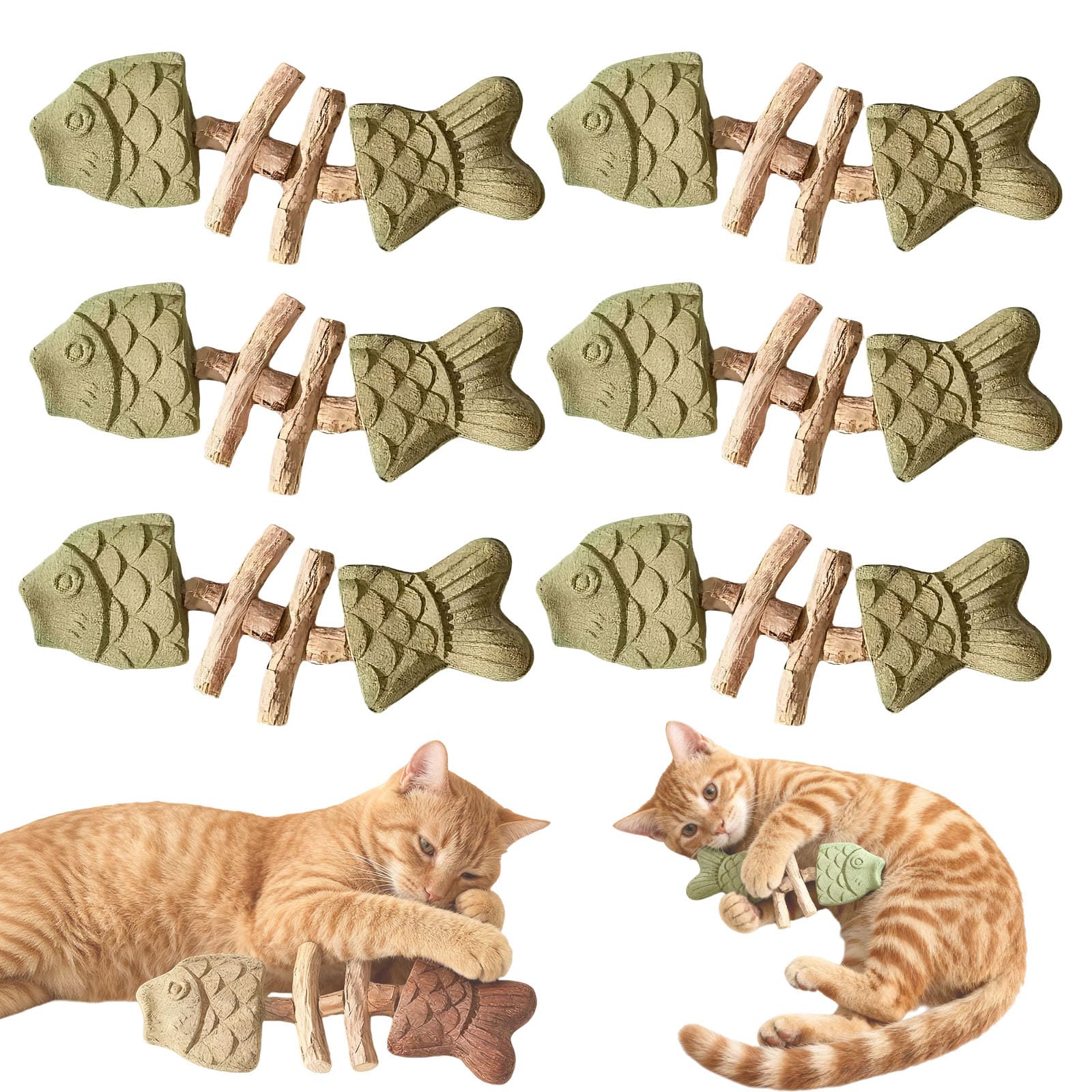 Tencipeda 6pcs Cat Chew Toy, Catnip and Silvervine Chew, Natural Fishbone Shape, Interactive Dental Stick for Teeth Cleaning & Playful Cats (Catnip * 6pcs)