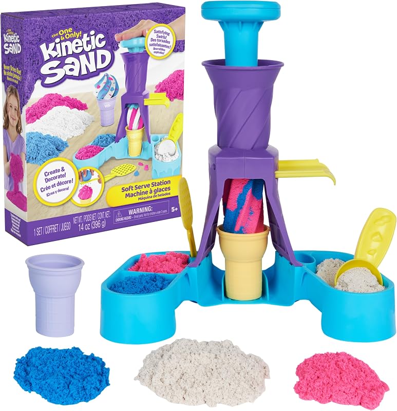 Estación de servicio suave, juguetes sensoriales de arena moldeables, a partir de 5 años | Swirl Pretend Ice Cream con 14 oz de arena, 2 conos y 2 herramientas, juego creativo abierto, regalos de cumpleaños para niños