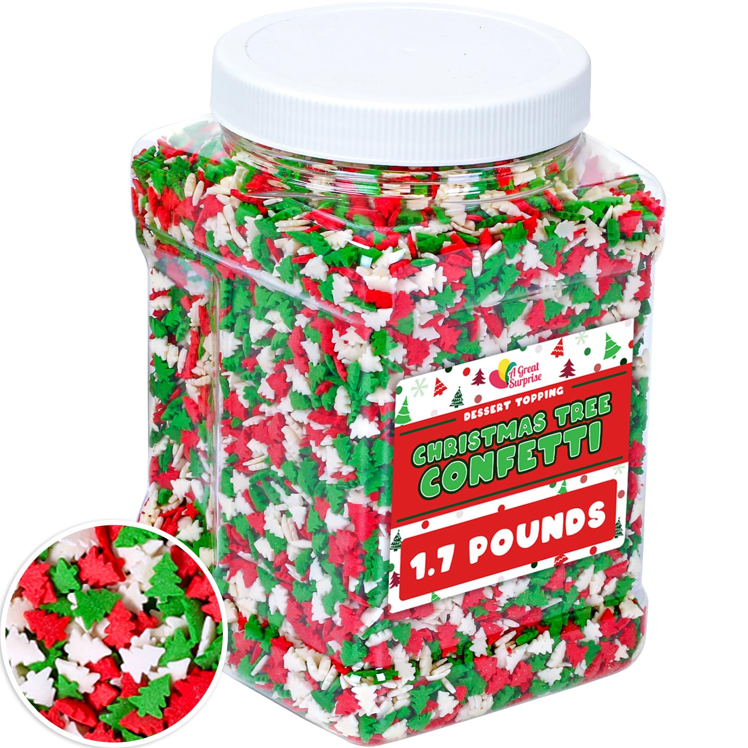 A Great Surprise Christmas Sprinkles Bulk - 1.7 LB - Christmas Tree Sprinkles - Red, Green & White Confetti for Dessert Decorating - Holiday Toppings for Gingerbread, Cupcakes, Cookies, Cake Pops