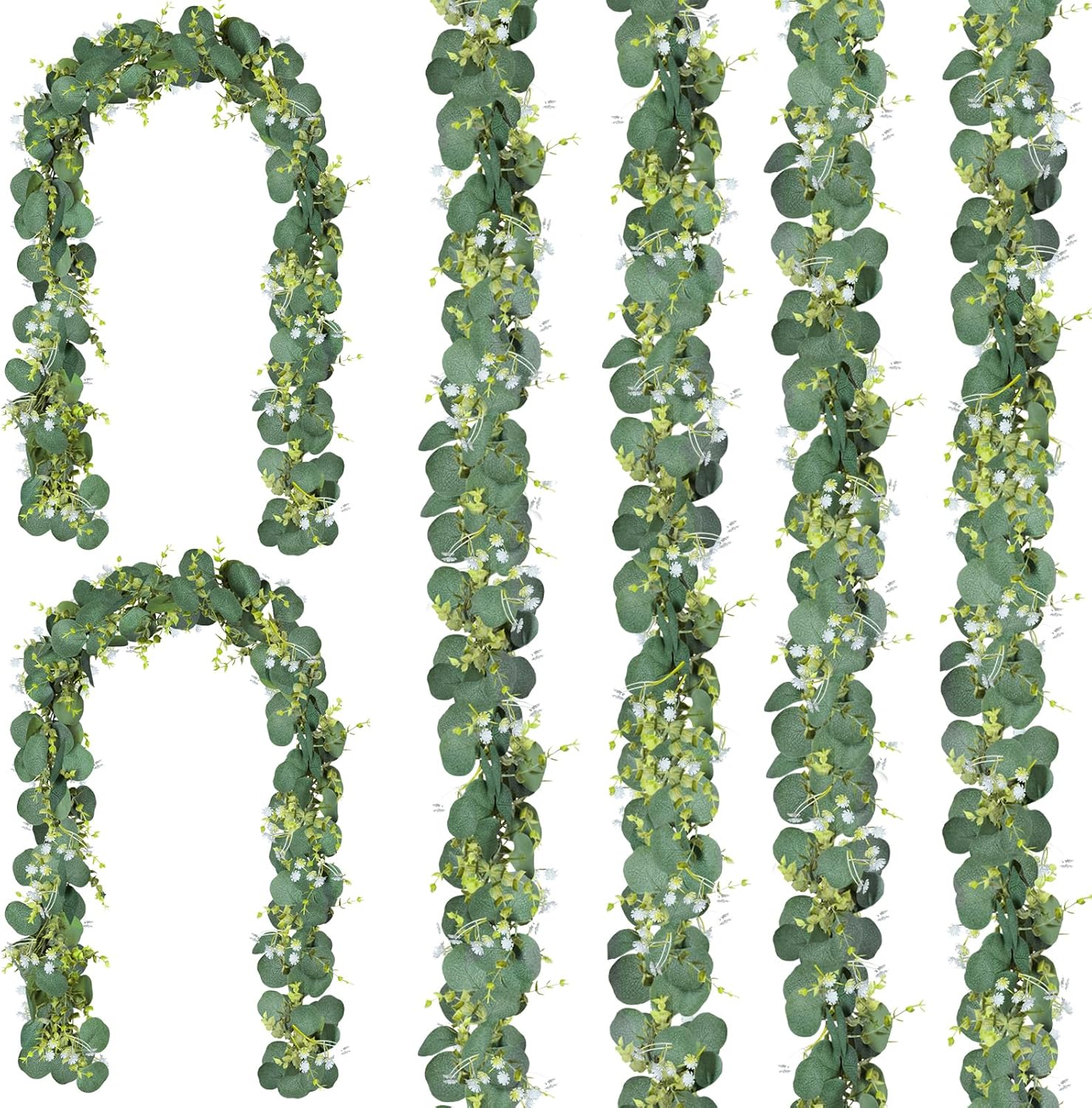 CQURE 6Pcs Eucalyptus Garland,Artificial Eucalyptus Leaves Table Greenery Garland Wreath Vines for Wedding Party Table Bedroom Wall Decor