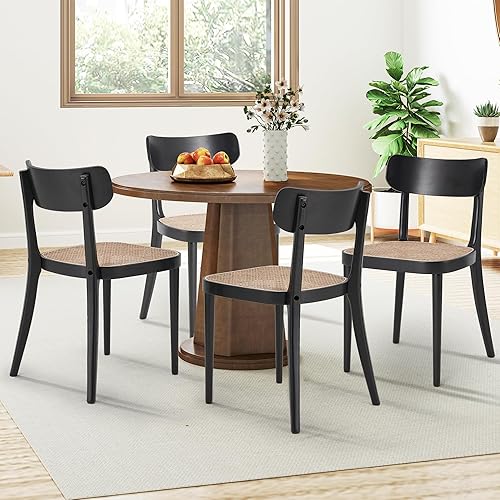 Miniatura 7 de AVAWING Juego de 4 sillas de comedor de caña de granja, sillas de madera de mediados de siglo con asiento y respaldo curvado para cocina,