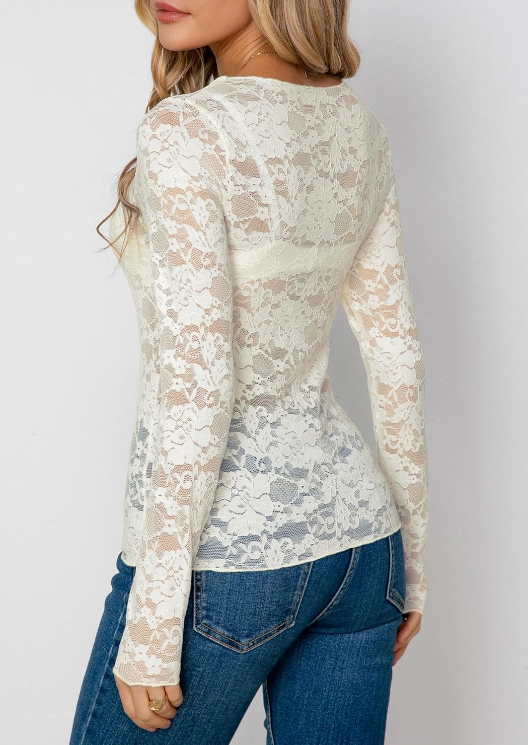 Diosun Womens Lace Floral Tops Long Sleeve Mesh Round Neck Sexy See Through Shirts Floral Blouses Top - Image 3