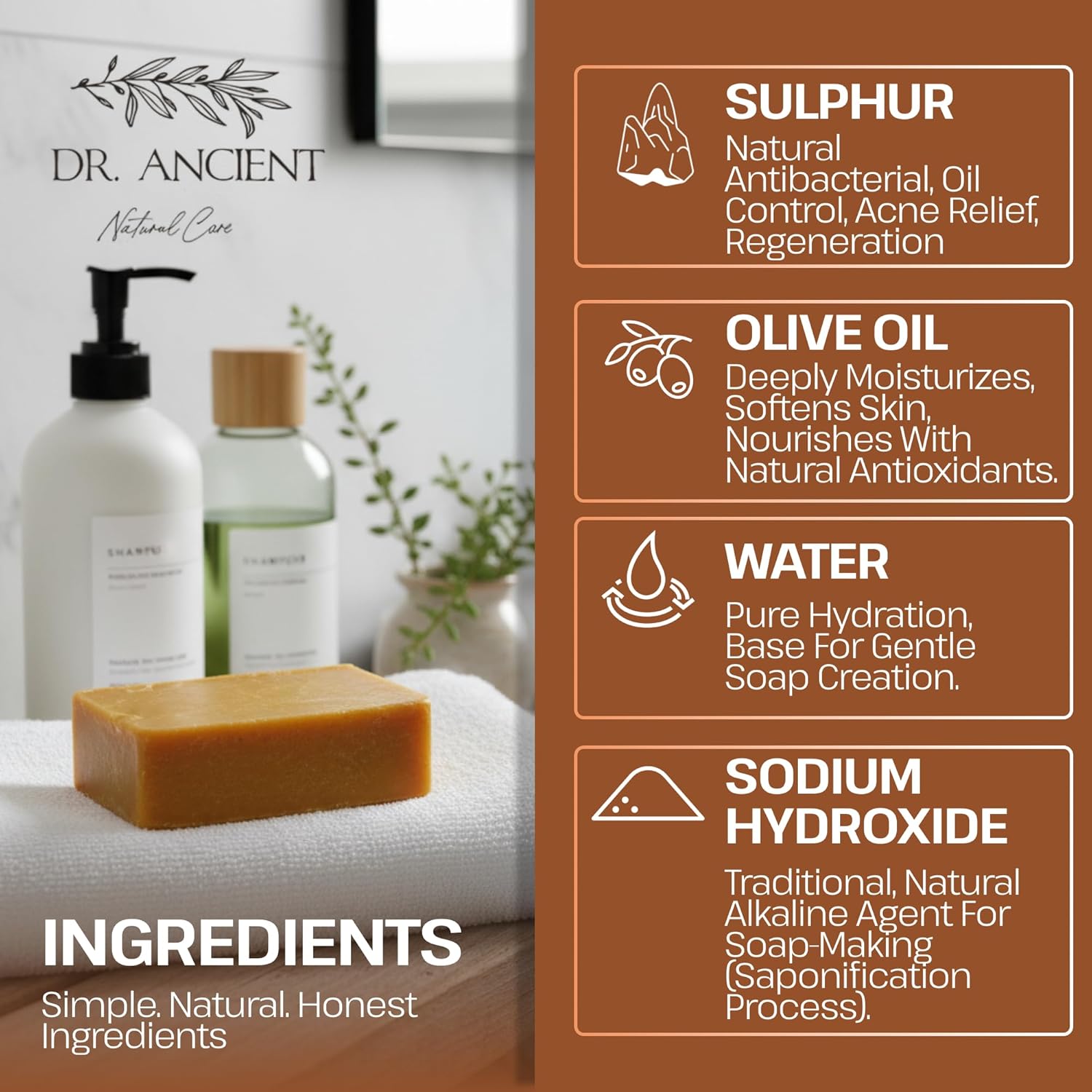 Dr.Ancient Sulfur Soap Bar, Organic Soap Bars Handcrafted the Traditional Way, Natural Chemical-Free, Vegan, Used for Face Wash, Body Wash, Daily Skincare Routine