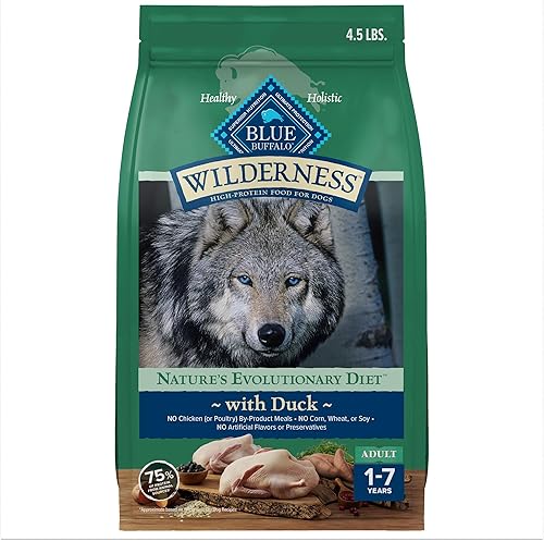 Blue Buffalo Wilderness - Alimento seco natural con alto contenido proteínico y cereales saludables para perros adultos, pato, bolsa de 4.5libras