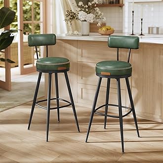 VASAGLE EKHO Collection - Bar Stools Set of 2, Swivel Bar Height Bar Stools with Back, Synthetic Leather with Stitching, Mid-Century Modern, 30-Inch Tall Barstools for Kitchen Home Bar, Forest Green