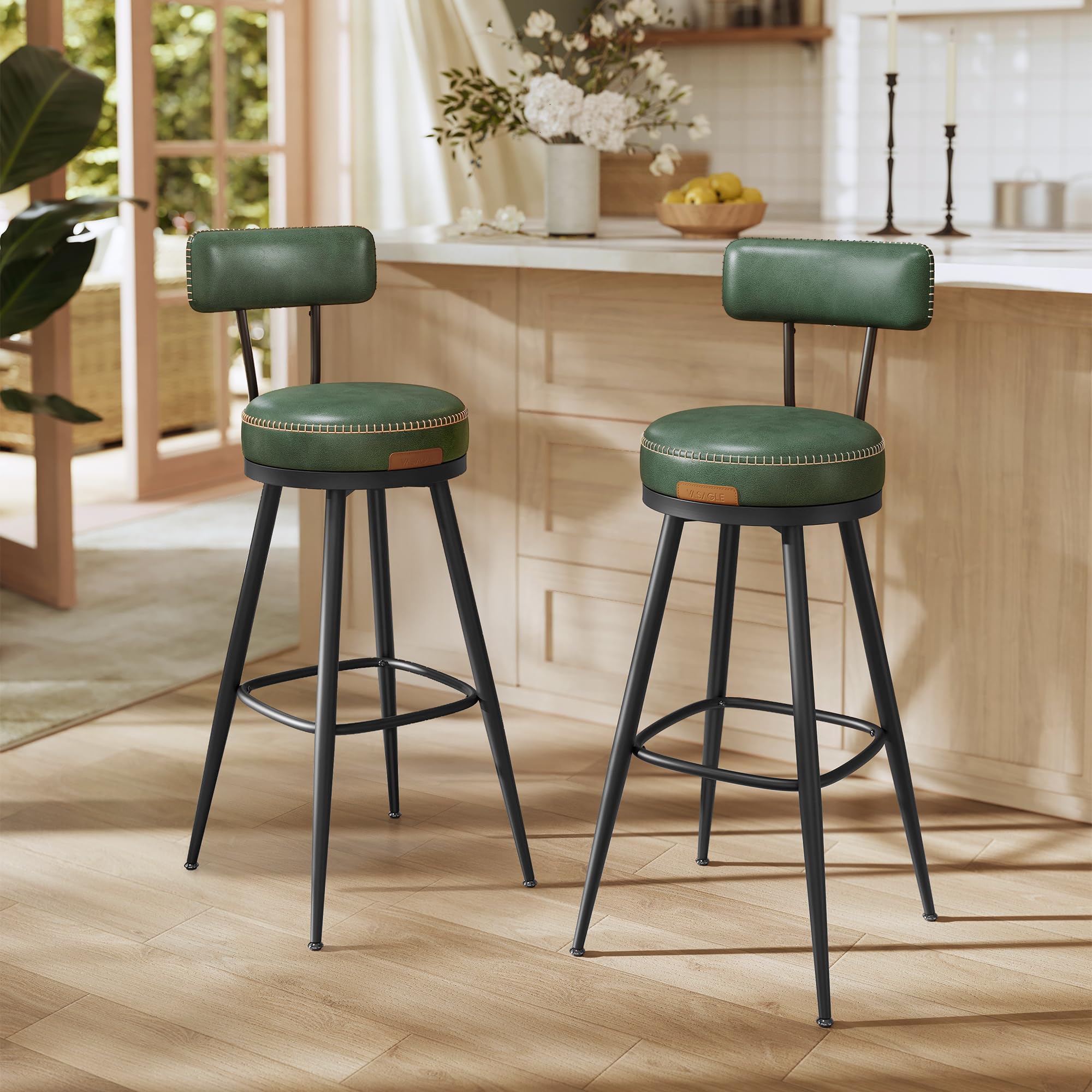 VASAGLE EKHO Collection - Bar Stools Set of 2, Swivel Bar Height Bar Stools with Back, Synthetic Leather with Stitching, Mid-Century Modern, 30-Inch Tall Barstools for Kitchen Home Bar, Forest Green
