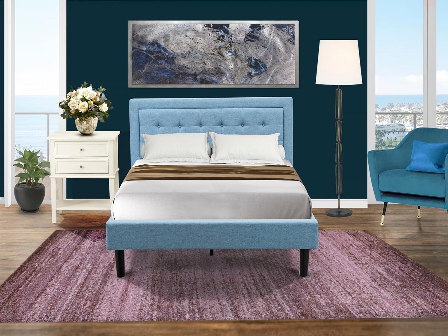 East West Furniture FN11F-1HA15 2-Piece Fannin Full Size Bedroom Set with 1 Wood Bed Frame and a Mid Century Modern Nightstand - Reliable and Durable Manufacturing - Denim Blue Linen Fabric