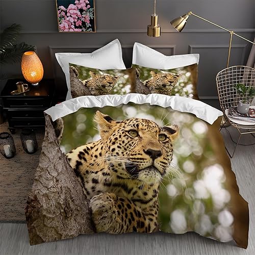 Funda de edredón con estampado de leopardo verde, funda de edredón de microfibra suave y 2 fundas de almohada de 20 x 36 pulgadas, juego de cama con