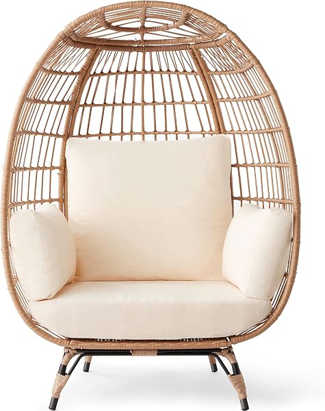 Best Choice Products Wicker Egg Chair, Oversized Indoor Outdoor Lounger for Patio, Backyard, Living Room w/ 4 Cushions, Steel Frame, 440lb Capacity - Ivory - 1
