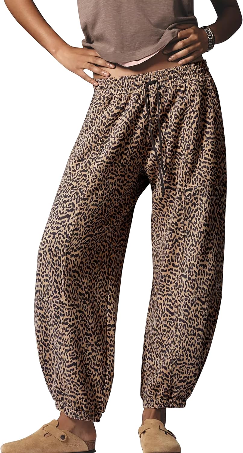 Leopard Pants Women Barrel Sweatpants Casual Baggy Cheetah Print Lounge Pants Drawstring Joggers Pant Trousers