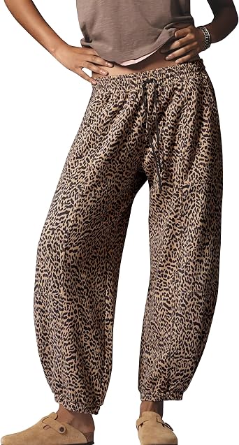 Ziesexy Leopard Pants Women Barrel Sweatpants Casual Baggy Cheetah Print Lounge Pants Drawstring Joggers Pant Trousers