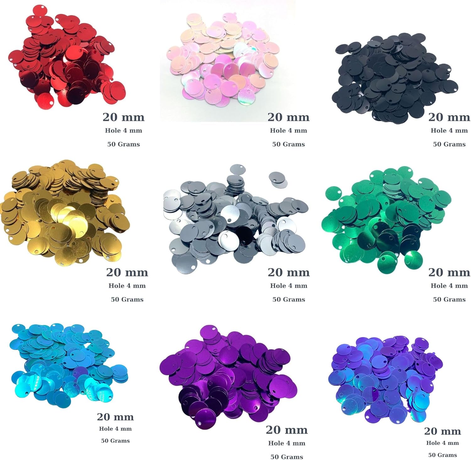 20 mm Flat Round Sequin Paillettes, 285 Pcs 20 mm, Hole 4 mm Mix Color Assortment Acrylic Sequin - 1,76 Ounce (50 Grams) (9 Mixed Color)