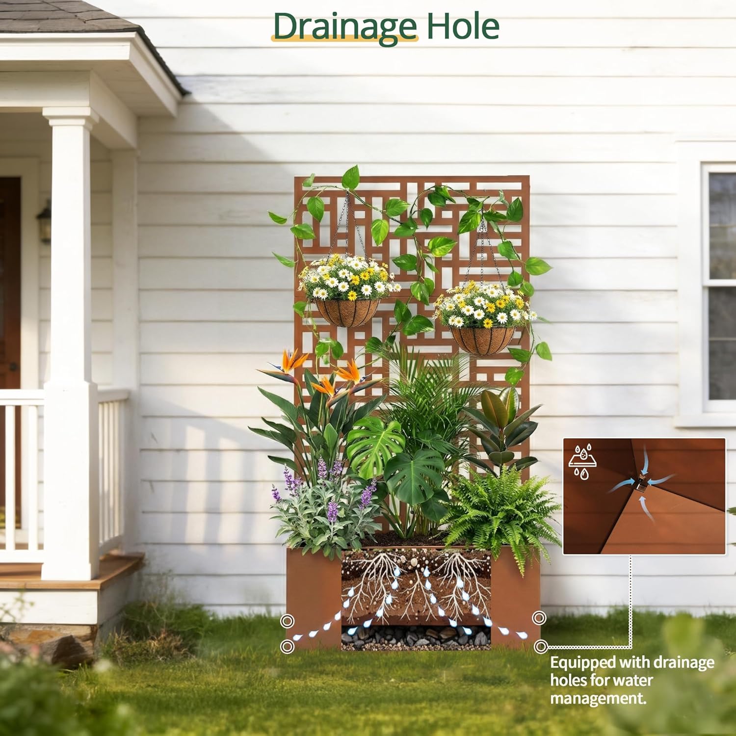 Outvita Metal Planter Box with Trellis, 71’’ x 36’’ x 16’’ Raised Garden Bed with Drainage Holes for Climbing Plants, Vegetables, Vines, Privacy Planters for Patio (Brown)