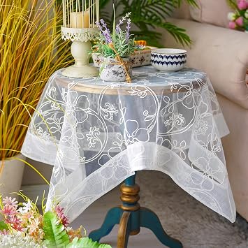 ARTABLE White Wedding Lace Tablecloth Organza Hem Small Square Rectangle Vintage Hallowed Embroidery Tablecloths for Home Outdoor Party Fall Table Decorations White, 43 x 43 Inch